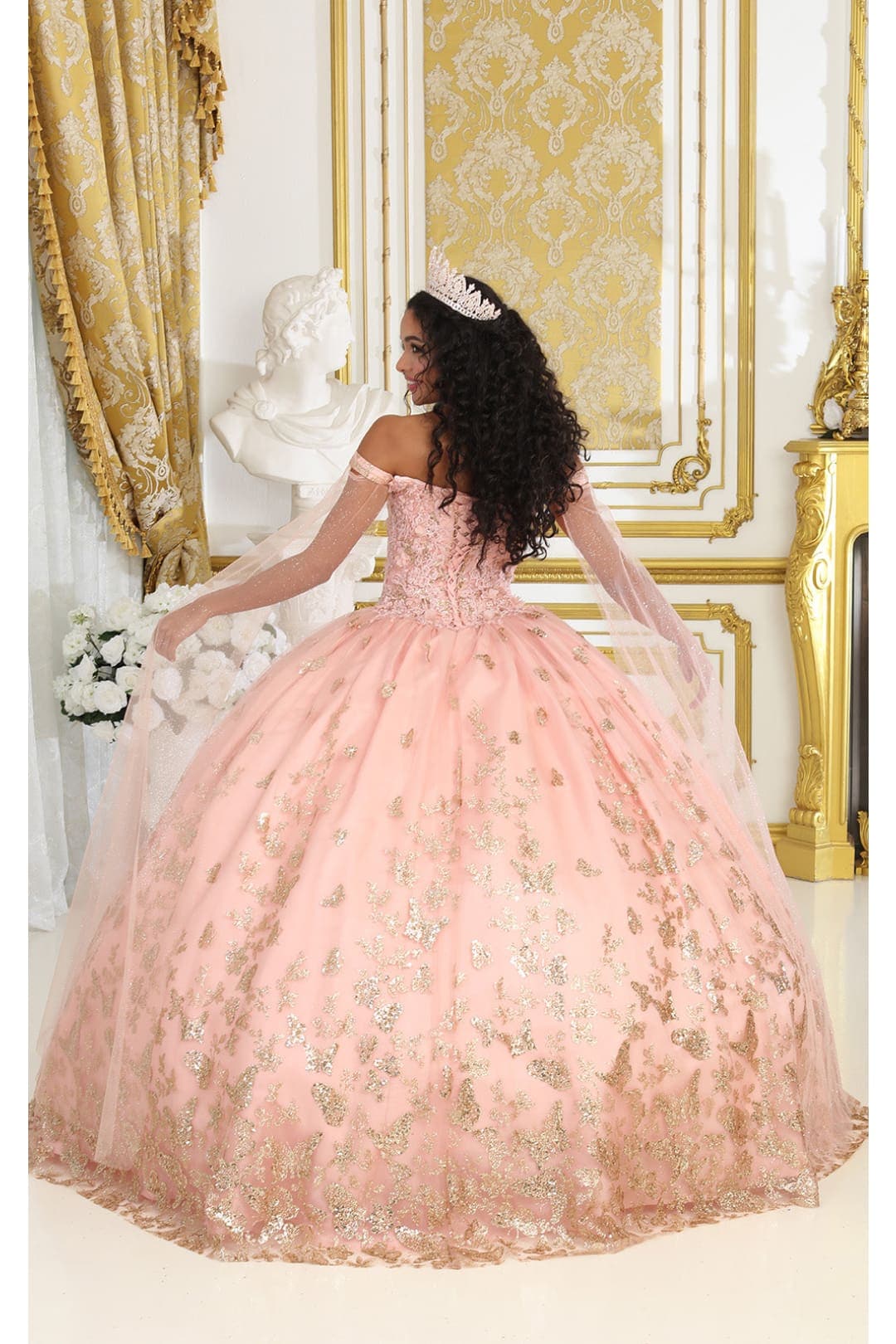 Glitter Butterfly Applique Cape Sleeves Quinceanera Gown - Image 11