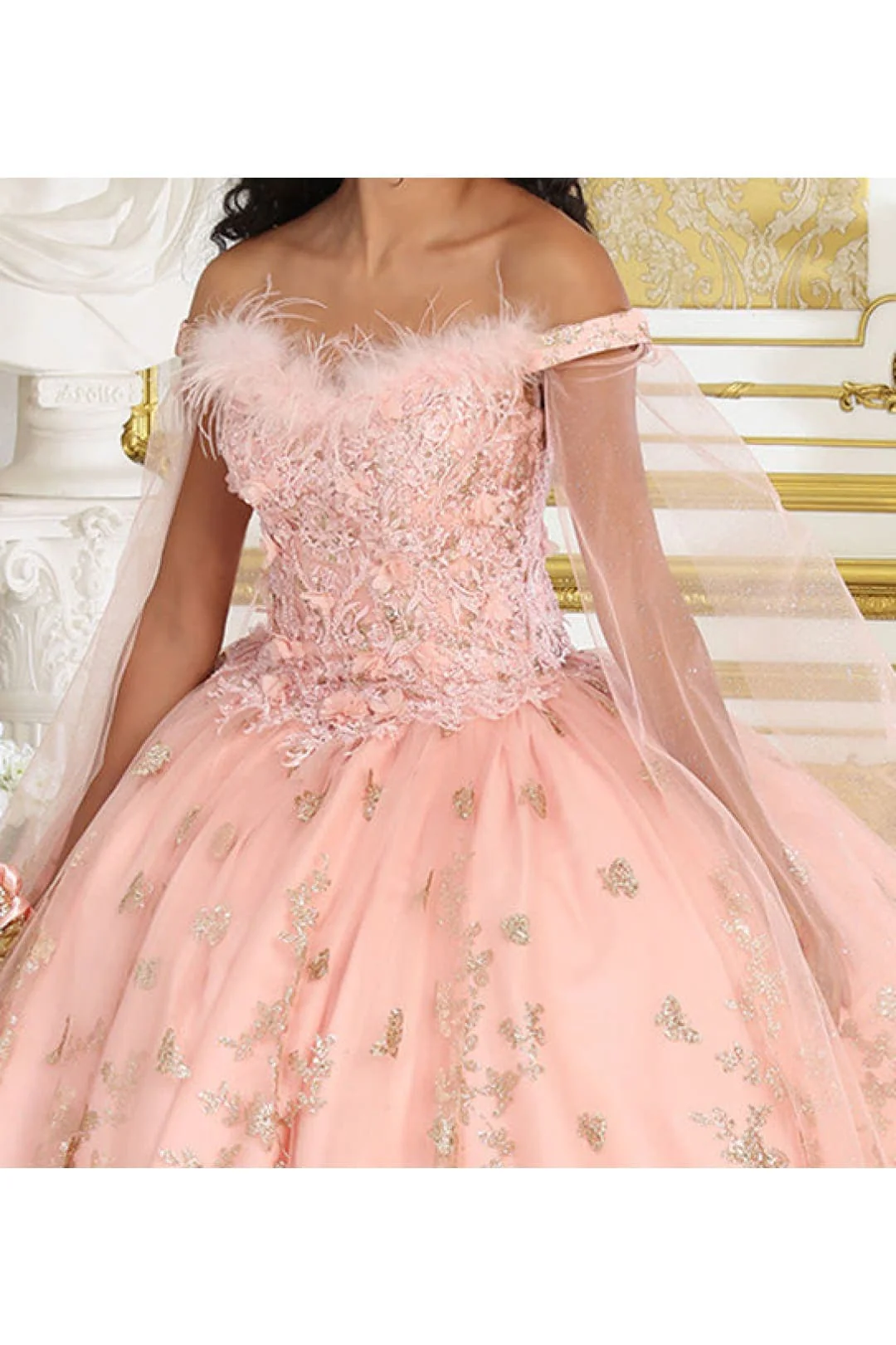 Glitter Butterfly Applique Cape Sleeves Quinceanera Gown - Image 12