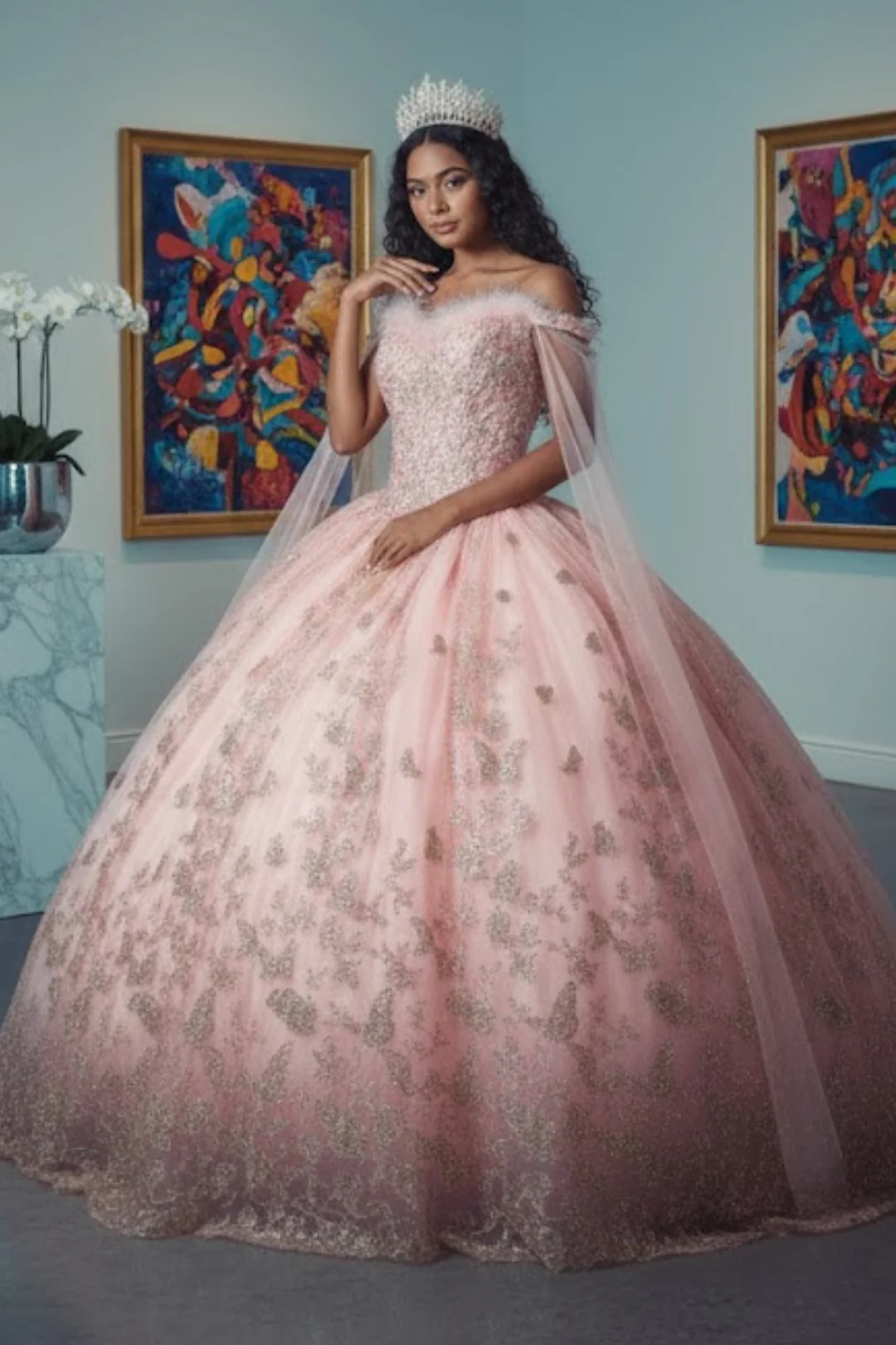Glitter Butterfly Applique Cape Sleeves Quinceanera Gown - Image 5