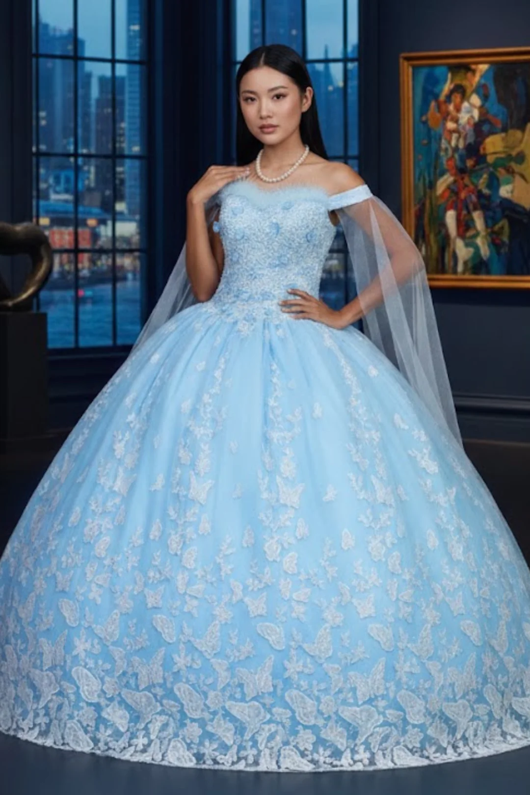 Glitter Butterfly Applique Cape Sleeves Quinceanera Gown - Image 4