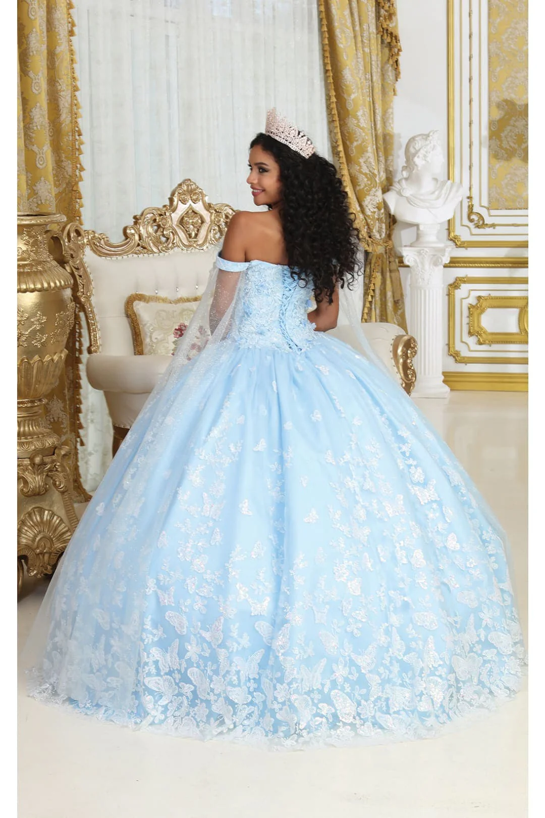 Glitter Butterfly Applique Cape Sleeves Quinceanera Gown - Image 7