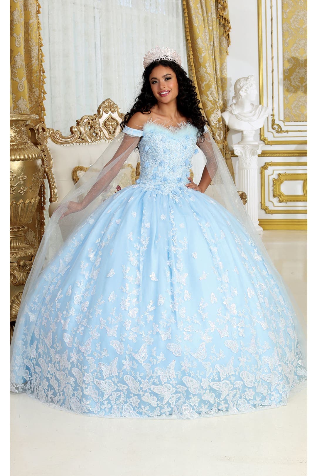 Glitter Butterfly Applique Cape Sleeves Quinceanera Gown - Image 8