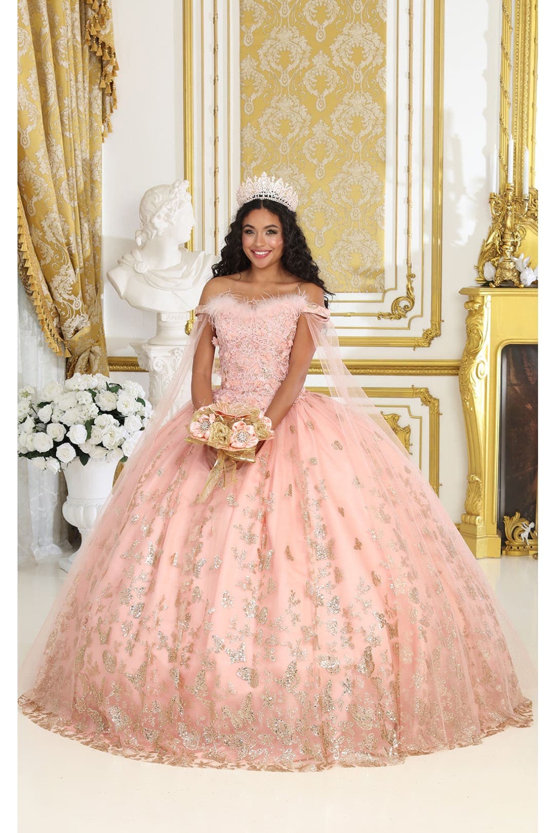 Glitter Butterfly Applique Cape Sleeves Quinceanera Gown - Image 9