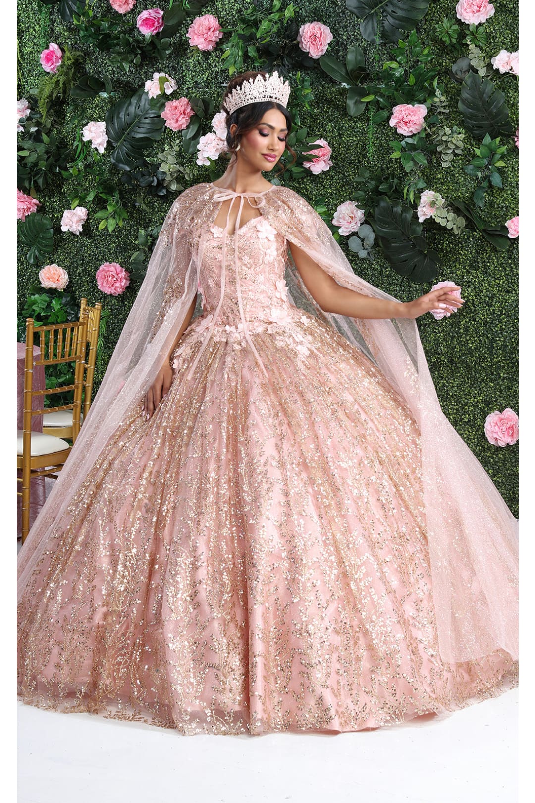Layla K LK204 Detachable Cape Glitter 3D Floral Applique Quince Gown - Image 9