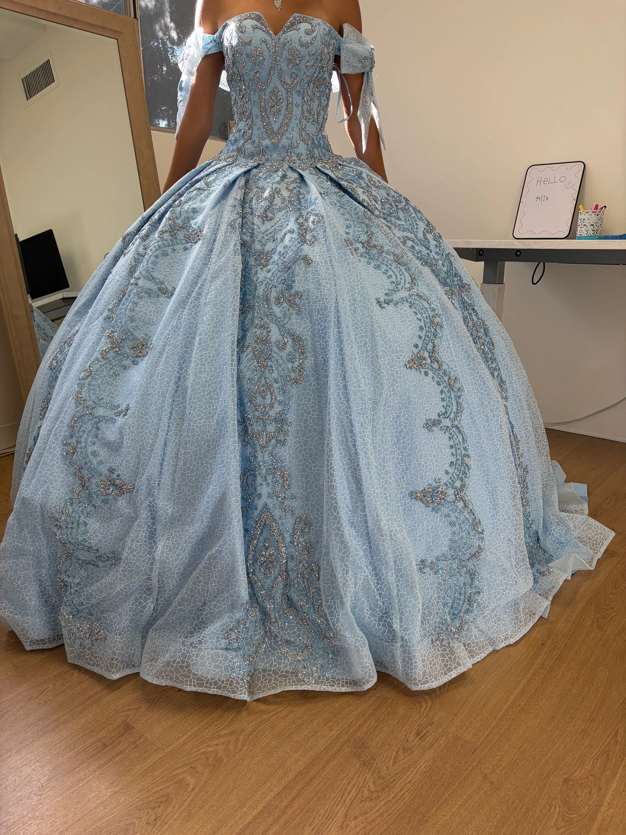 Layla K LK241 Off-Shoulder Glitter Bow Accent Quince Ball Gown - Image 6