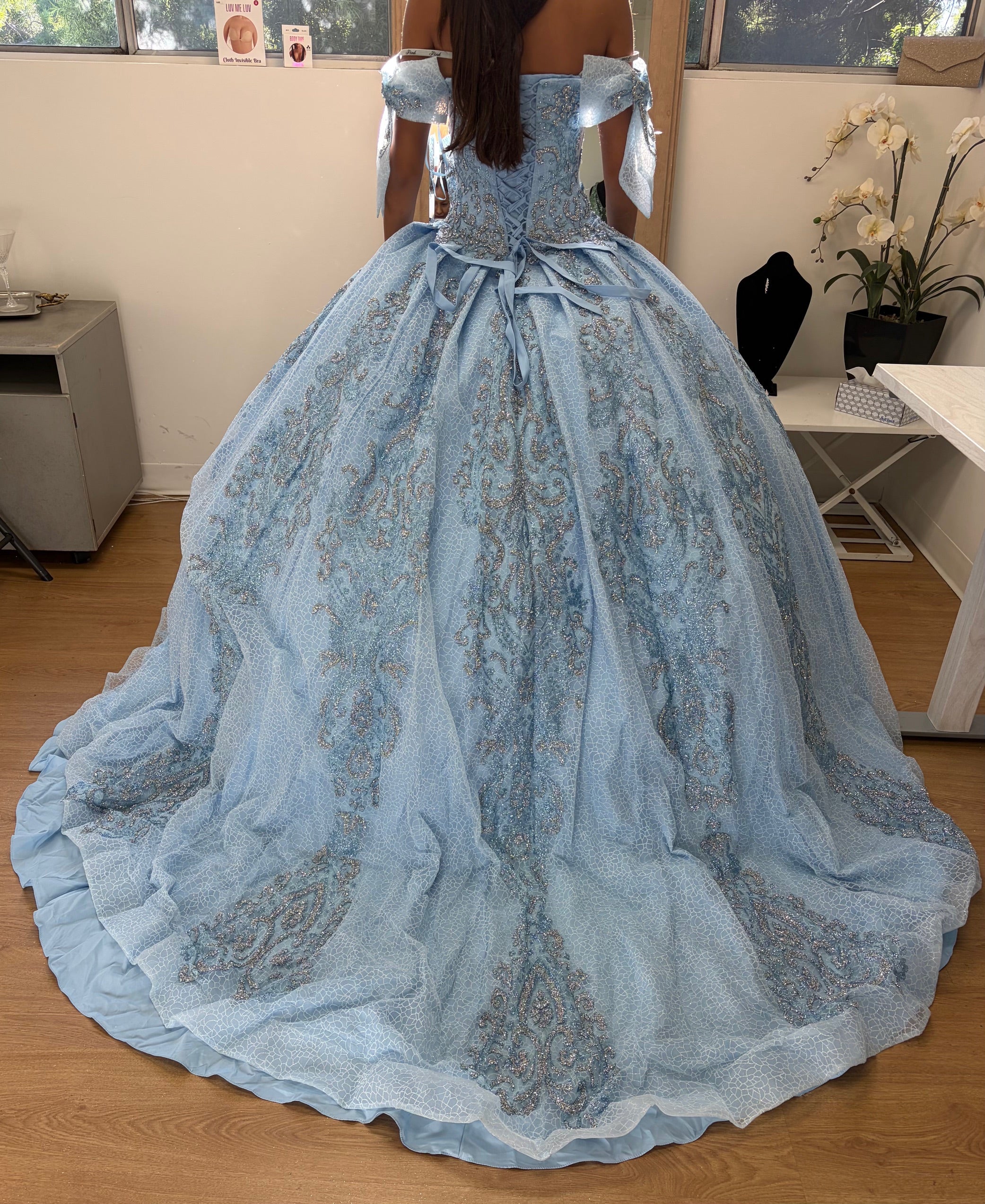 Layla K LK241 Off-Shoulder Glitter Bow Accent Quince Ball Gown - Image 7