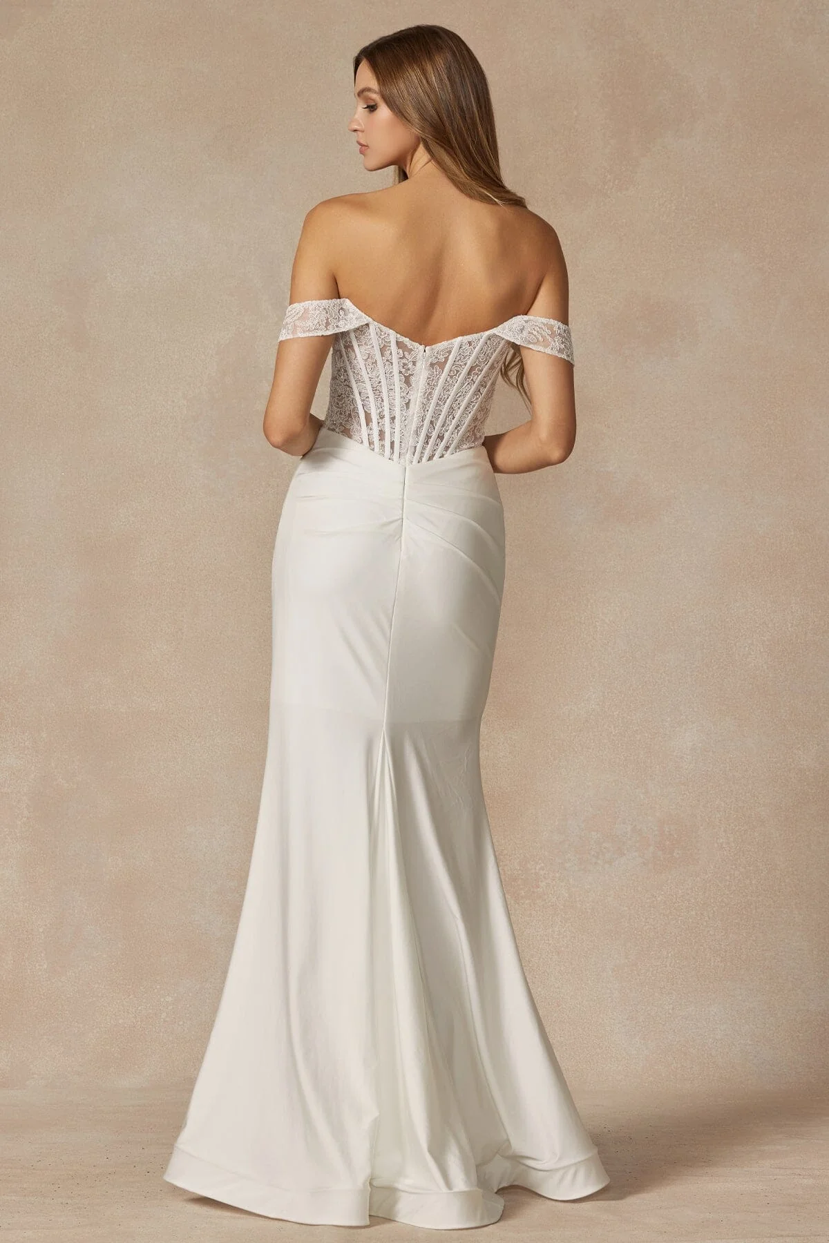 Juliet 2407W Embroidered Off Shoulder Lace Appliqué Corset Dress - Image 2